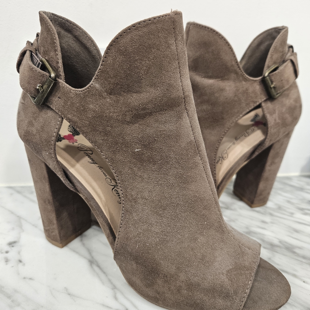 Penny Loves Kenny Taupe Suede Heeled Open Toe Boots